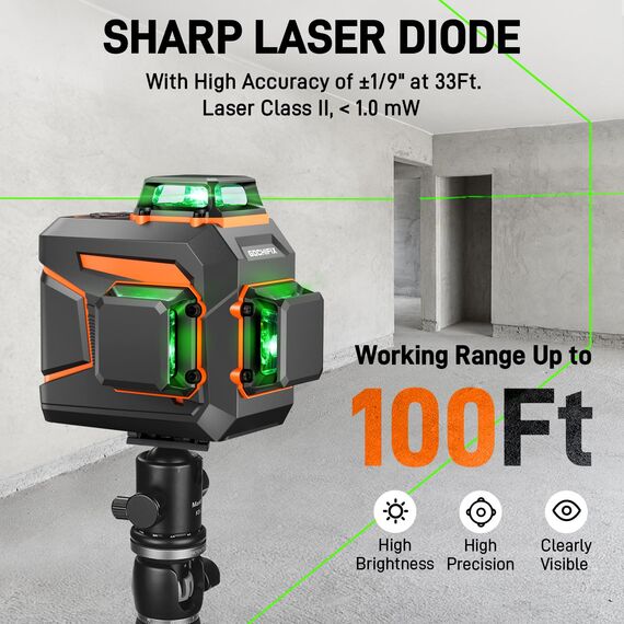 Kreuzlinienlaser GOCHIFIX 3x360 12 Linien Grün Selbstnivellierend Laser Wasserwaage mit Wiederaufladbarer 5,2Ah Batterie Fernbedienung Impulsmodus IP54 für Heimwerker und verschiedene Baustelle