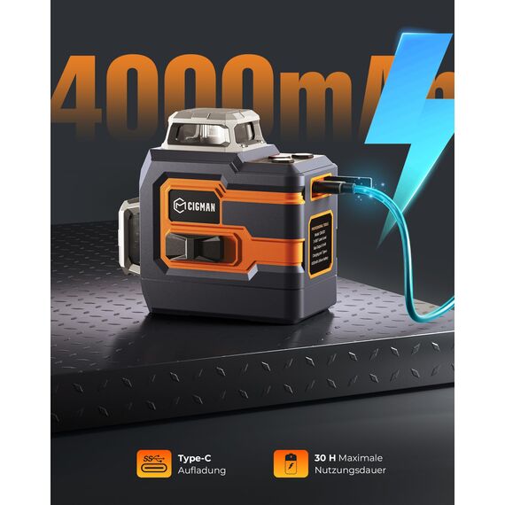 Kreuzlinienlaser, CIGMAN APP Intelligente Kontrolle 3x360 Grad Selbstnivellierend Laser Wasserwaage, mit Wiederaufladbarer Lithium-Batterie, Baulaser Kreuzlaser Grün für Innenbereich Bauste, (CM-S01)