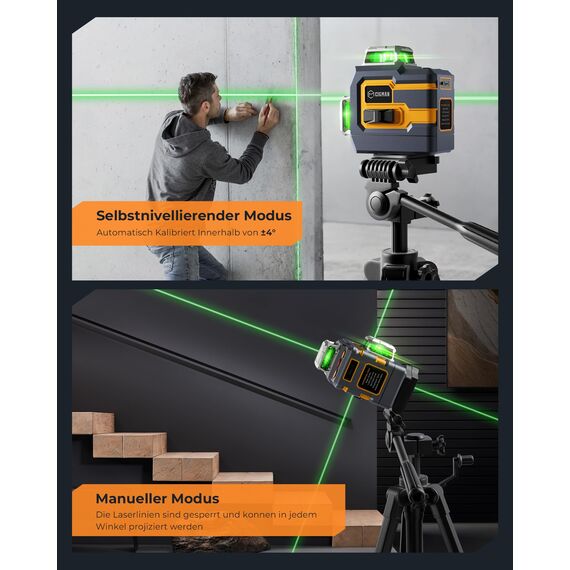 Kreuzlinienlaser, CIGMAN APP Intelligente Kontrolle 3x360 Grad Selbstnivellierend Laser Wasserwaage, mit Wiederaufladbarer Lithium-Batterie, Baulaser Kreuzlaser Grün für Innenbereich Bauste, (CM-S01)