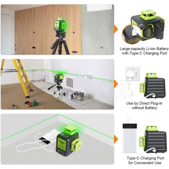 Kreuzlinienlaser, Huepar 3 x 360° Laser Wasserwaage Selbstnivellierenden, Kreuzlinienlaser Grün 12 Linien Laser, Linienlaser kreuzlaser Baulaser für Innenbereich Baustelle(mit Lithium-Batterie), B03CG