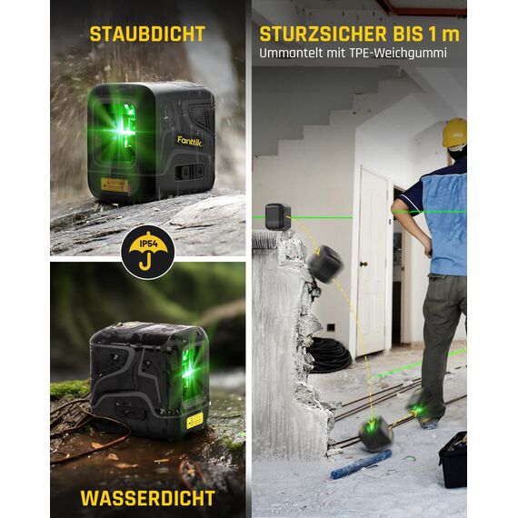 Fanttik D2 Kreuzlinienlaser Selbstnivellierend, Linienlaser Grün 30m, Wiederaufladbare Batterie, USB-C Aufladung, Magnetische Halterung 360°, Pulsmodus, IP54, für DIY und Dekoration - Schwarz