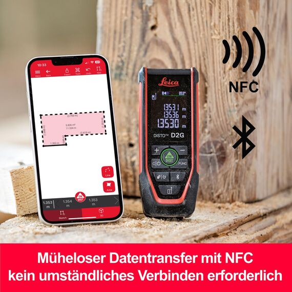 Leica DISTO D2G – grüner Laser Entfernungsmesser mit NFC und Bluetooth (App-Nutzung), ausklappbarem Endstück und Neigungssensor, für Messungen in sehr Heller Umgebung (mit 120 m Reichweite)