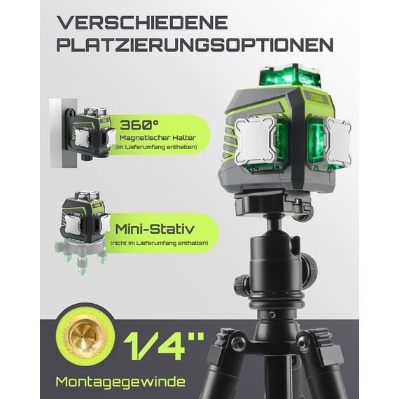 LasGoo Kreuzlinienlaser Selbstnivellierend 3 x 360°, Grüne 3D Laser-Wasserwaage für Konstruktion und Ausrichtung, Wiederaufladbarer Lithium-Akku, Fernbedienung, Magnetischer Drehständer – LG-3Dx