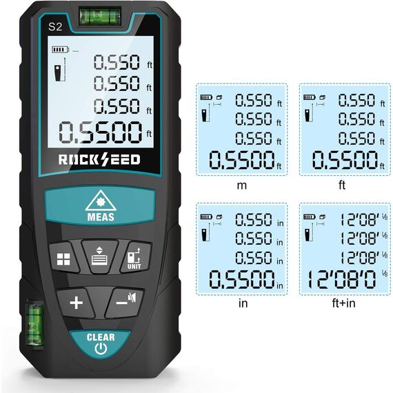 Laser-Entferungsmesser 50M,RockSeed Digitaler Lasermessgerät mit 2 Blasenebenen,Tragbarer Lasermessgerät M/In/Ft Einheit Hintergrundbeleuchtetes LCD zur Messung Entfernung/Fläche/Volumen/Pythagorean