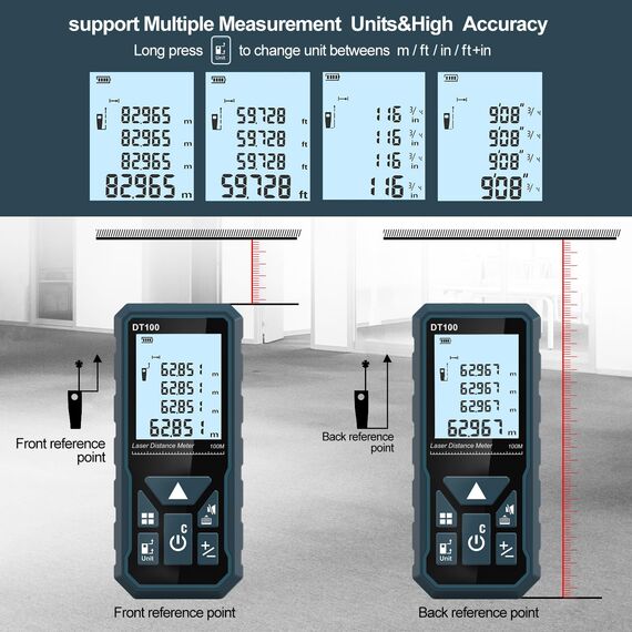 Entfernungsmesser, HANMATEK DT100 100M Digitales Laser Entfernungsmesse mit LCD Hintergrundbeleuchtung M/In/Ft mit Mehreren Messmodi wie Pythagoras/Abstand/Fläche/Volumen Messungen,IP54