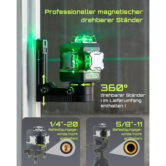 LasGoo Kreuzlinienlaser Selbstnivellierendes 360°x3 grün für Bau und Aufhängen von Bildern, Fernbedienung, professioneller magnetischer Drehständer, 2 wiederaufladbare Li-Ion-Akkus, LG-3Ds