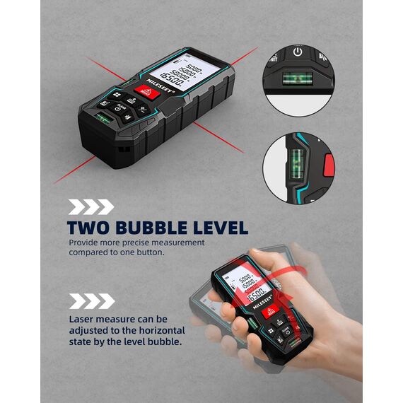 Laser Entfernungsmesser 50M,MiLESEEY Lasermessgerät mit 2 Wasserwaagenblasen,±2mm Genauigkeit,2 Zoll LCD Hintergrundbeleuchtung,Pythagoreischer Modus, Messen von Entfernung,Flächen/Volumenberechnung