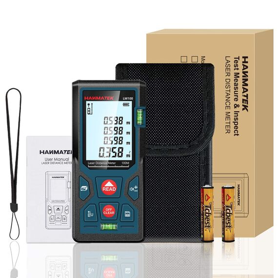 Entfernungsmesser, HANMATEK LM100 100M Digitales Laser Entfernungsmesse mit LCD Hintergrundbeleuchtung M/In/Ft mit Mehreren Messmodi wie Pythagoras/Abstand/Fläche/Volumen Messungen,IP54