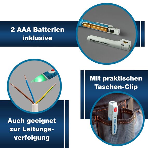 PeakTech P 1030 AC Spannungsprüfer berührungslos [+LED Signal Lampe & Vibration] 50-1000 V AC Betriebsbereich,Leitungssuchgerät,Leitungssucher,Phasenprüfer,Stromprüfer,Leitungsfinder,157x26mm