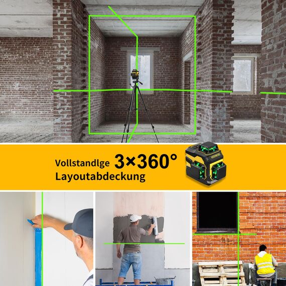 Kreuzlinienlaser,Laser Wasserwaage 3x360 Grad, Linienlaser Grün Kreuzlaser Selbstnivellierend Nivelliergerät Baulaser 3D,bis zu 8 Stunden mit wiederaufladbarer Batterie für Innenbereich Baustelle
