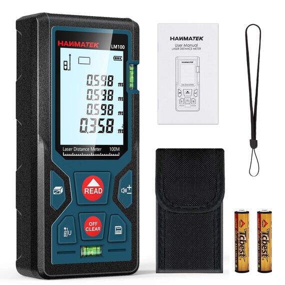 Entfernungsmesser, HANMATEK LM100 100M Digitales Laser Entfernungsmesse mit LCD Hintergrundbeleuchtung M/In/Ft mit Mehreren Messmodi wie Pythagoras/Abstand/Fläche/Volumen Messungen,IP54