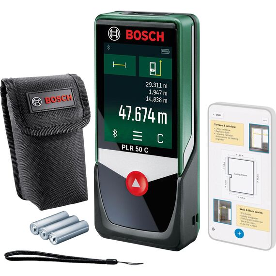 Bosch Home and Garden Laser Entfernungsmesser PLR 50 C (Messbereich: 0,05 – 50 m, Touchscreen-Display, in Kartonschachtel), 0603672200, Schwarz/Grün, Hasta 50m (en blíster)