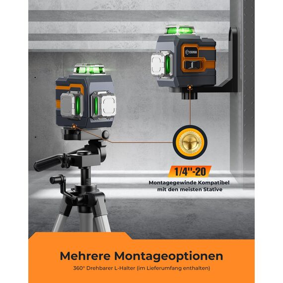 Kreuzlinienlaser, CIGMAN APP Intelligente Kontrolle 3x360 Grad Selbstnivellierend Laser Wasserwaage, mit Wiederaufladbarer Lithium-Batterie, Baulaser Kreuzlaser Grün für Innenbereich Bauste, (CM-S01)