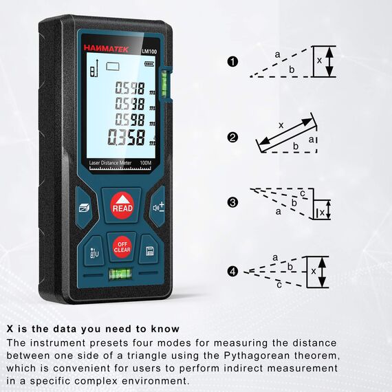 Entfernungsmesser, HANMATEK LM100 100M Digitales Laser Entfernungsmesse mit LCD Hintergrundbeleuchtung M/In/Ft mit Mehreren Messmodi wie Pythagoras/Abstand/Fläche/Volumen Messungen,IP54