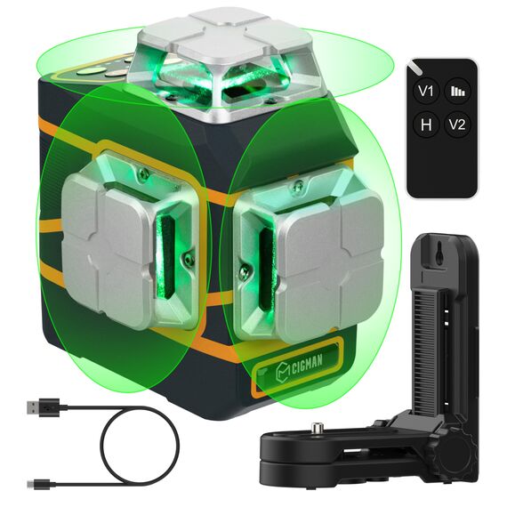 CIGMAN Kreuzlinienlaser 3 x 360 Grad grün Selbstnivellierend Laser Wasserwaage, 2 x abnehmbare wiederaufladbare Batterien, Helligkeit einstellbar, Baulaser CM-801