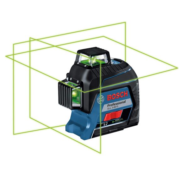 Bosch Professional Linienlaser GLL 3-80 G (grüner Laser, Innenbereich, max. Arbeitsbereich: 30 m, 4x AA Batterie, im Handwerkerkoffer), Blau