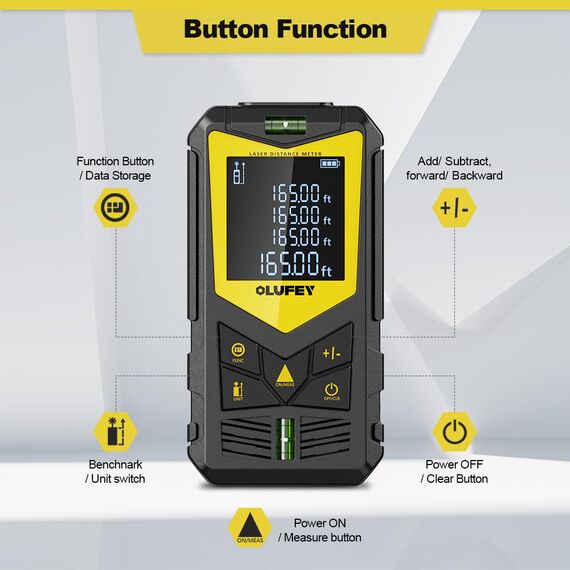OLUFEY Lasermessung, 120 m Laser-Entfernungsmesser, tragbares digitales Messwerkzeug, IP54 Entfernungsmesser mit Wasserwaage und LCD-Display mit Hintergrundbeleuchtung