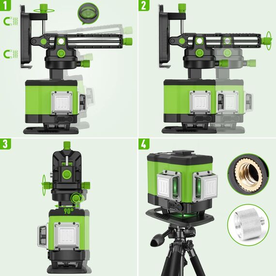 Huepar 3 x 360° Fußboden Kreuzlinienlaser Grün 20M, Selbstnivellierendes Linienlaser Umschaltbar Vertikal/Horizontal, Fernbedienung Verwenden, IP54 (mit 2 Lithiumbatterien)
