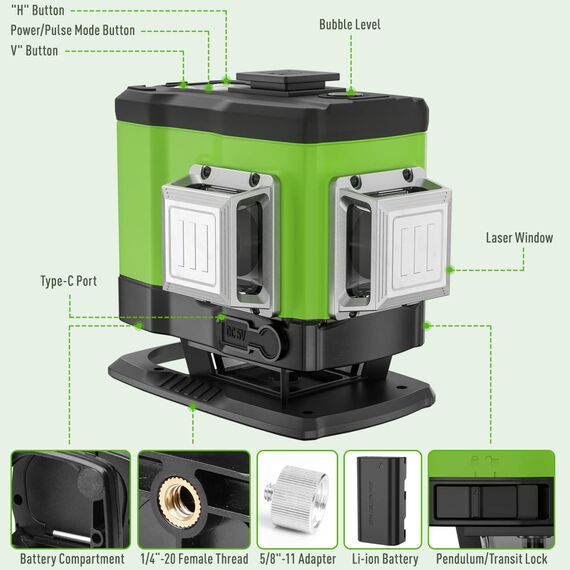 Huepar 3 x 360° Fußboden Kreuzlinienlaser Grün 20M, Selbstnivellierendes Linienlaser Umschaltbar Vertikal/Horizontal, Fernbedienung Verwenden, IP54 (mit 2 Lithiumbatterien)