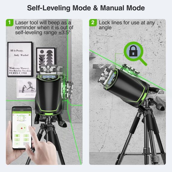 Huepar 16 Linien-selbstnivellierendes Laserniveau 4 x 360 ° mit LCD-Bildschirm, 4D Bluetooth Grüner Strahl Laserwerkzeug, Horizontal/Vertikal Laser -Fernbedienung & Hartschalenkoffer S04CG-C