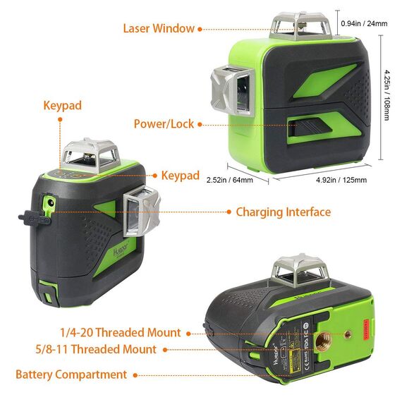 Huepar 603CG 3 x 360 Kreuzlinienlaser Grün, 360 Grad Linienlaser Selbstnivellierenden Laser Level mit Pulsfunktion, 25m Arbeitsbereich, (inkl. Universal Lithiumbatterie, AA Batterie und Halterung)
