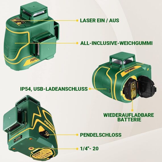 Kreuzlinienlaser, POPOMAN Laser Wasserwaage 3x360° 45m, Kreuzlinienlaser Grün Selbstnivellierend 360, 5200 mAh Batterie, Typ-C, Pulsfunktion, Magnetfuß, Hilfsrückenclip, Hartschalenkoffer