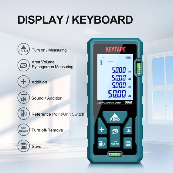 Entfernungsmesser, KEYTAPE DT50 50M Digitales Laser Entfernungsmesse mit LCD Hintergrundbeleuchtung M/In/Ft mit Mehreren Messmodi wie Pythagoras/Abstand/Fläche/Volumen Messungen,IP54