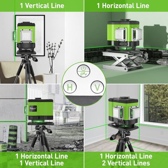 Huepar 3 x 360° Fußboden Kreuzlinienlaser Grün 20M, Selbstnivellierendes Linienlaser Umschaltbar Vertikal/Horizontal, Fernbedienung Verwenden, IP54 (mit 2 Lithiumbatterien)