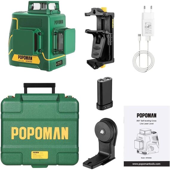 Kreuzlinienlaser, POPOMAN Laser Wasserwaage 3x360° 45m, Kreuzlinienlaser Grün Selbstnivellierend 360, 5200 mAh Batterie, Typ-C, Pulsfunktion, Magnetfuß, Hilfsrückenclip, Hartschalenkoffer