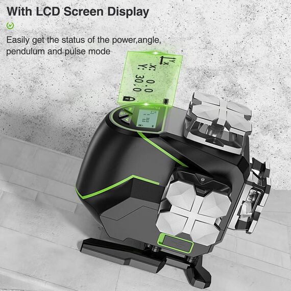Huepar 16 Linien-selbstnivellierendes Laserniveau 4 x 360 ° mit LCD-Bildschirm, 4D Bluetooth Grüner Strahl Laserwerkzeug, Horizontal/Vertikal Laser -Fernbedienung & Hartschalenkoffer S04CG-C