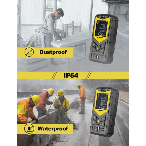OLUFEY Lasermessung, 120 m Laser-Entfernungsmesser, tragbares digitales Messwerkzeug, IP54 Entfernungsmesser mit Wasserwaage und LCD-Display mit Hintergrundbeleuchtung