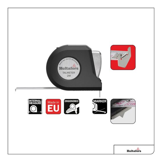 Talmeter Bandmaß 2 Meter I Hultafors I 7-in-1 Massband mit einzigartiger Mess- und Anreißfunktion I Genauigkeitsklasse II I Made in EU I 359103
