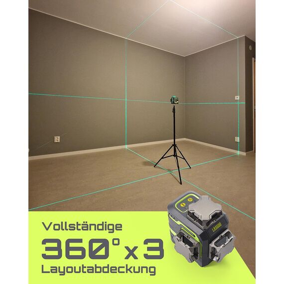 LasGoo LG-3DM Grüner Strahl-Laser-Nivelliergerät, selbstnivellierend, 3x360° Kreuzlinienlaser für Bau und Bildaufhängung, 5200mAh-Akku, Typ-C-Kabel, Magnetischer Drehständer inklusive