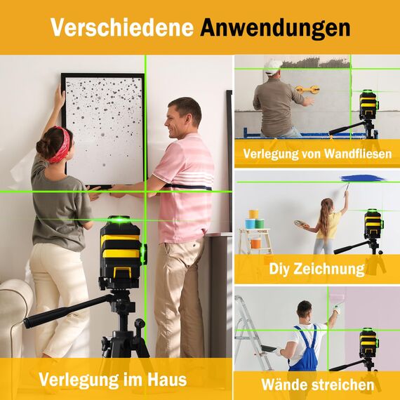 Kreuzlinienlaser,Laser Wasserwaage 3x360 Grad, Linienlaser Grün Kreuzlaser Selbstnivellierend Nivelliergerät Baulaser 3D,bis zu 8 Stunden mit wiederaufladbarer Batterie für Innenbereich Baustelle