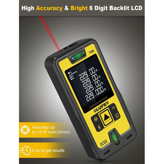 Olufey Laser Entfernungsmesser 70m, Digitales Laser Entfernungsmesse mit LCD Hintergrundbeleuchtung, ±2mm Genauigkeit, Pythagoras/Abstand/Fläche/Volumen Messungen, 2 AAA Batterien