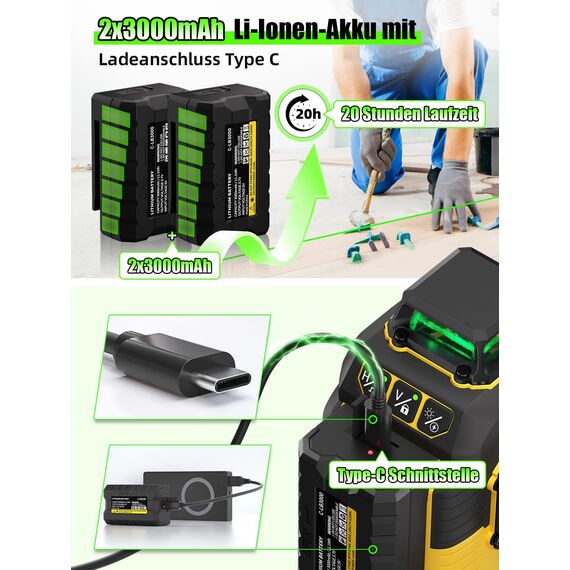Kreuzlinienlaser mit Stativ,3x360 Grad Laser Wasserwaage mit 6000mAh Akku,Lnienlaser mit 150cm Teleskopstativ für Verlegung Bodenfliesen, Kreuzlinienlaser Grün mit 59-Zoll-Stativset