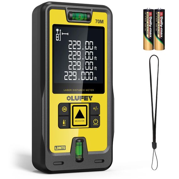 Olufey Laser Entfernungsmesser 70m, Digitales Laser Entfernungsmesse mit LCD Hintergrundbeleuchtung, ±2mm Genauigkeit, Pythagoras/Abstand/Fläche/Volumen Messungen, 2 AAA Batterien