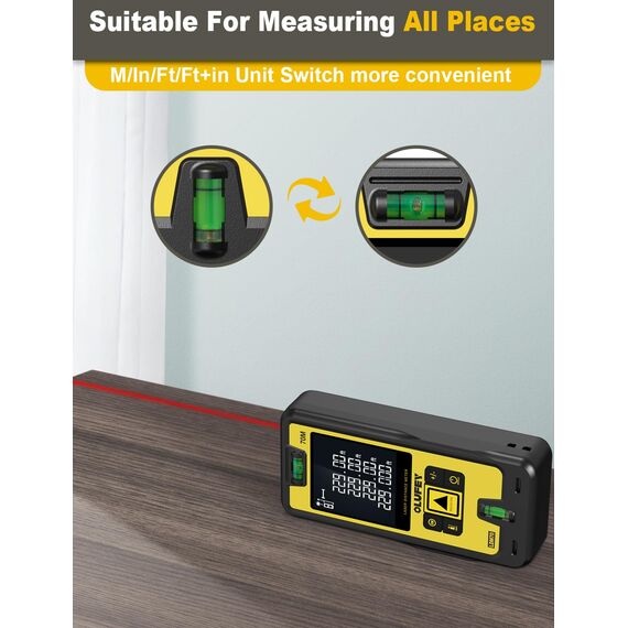 Olufey Laser Entfernungsmesser 70m, Digitales Laser Entfernungsmesse mit LCD Hintergrundbeleuchtung, ±2mm Genauigkeit, Pythagoras/Abstand/Fläche/Volumen Messungen, 2 AAA Batterien