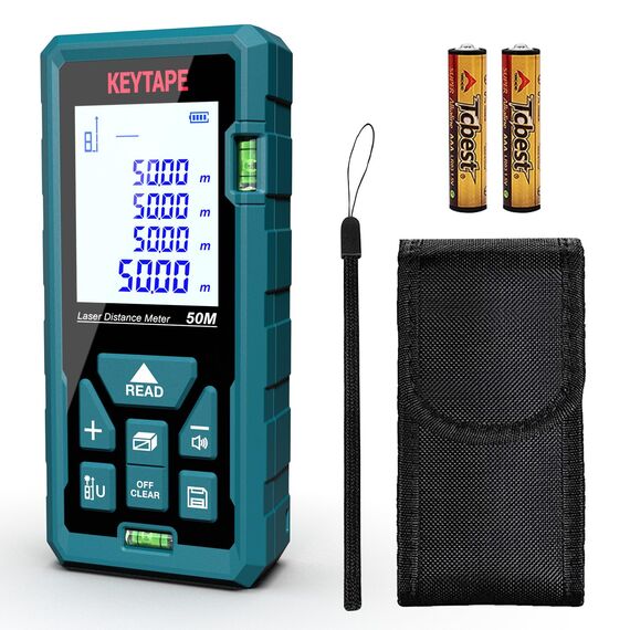 Entfernungsmesser, KEYTAPE DT50 50M Digitales Laser Entfernungsmesse mit LCD Hintergrundbeleuchtung M/In/Ft mit Mehreren Messmodi wie Pythagoras/Abstand/Fläche/Volumen Messungen,IP54