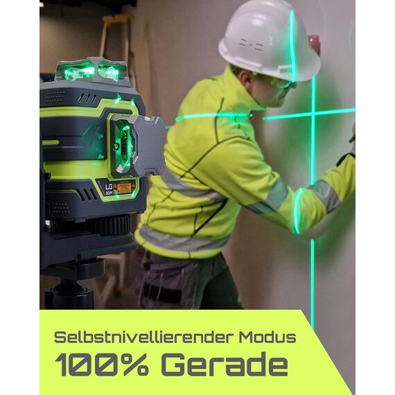LasGoo LG-3DM Grüner Strahl-Laser-Nivelliergerät, selbstnivellierend, 3x360° Kreuzlinienlaser für Bau und Bildaufhängung, 5200mAh-Akku, Typ-C-Kabel, Magnetischer Drehständer inklusive