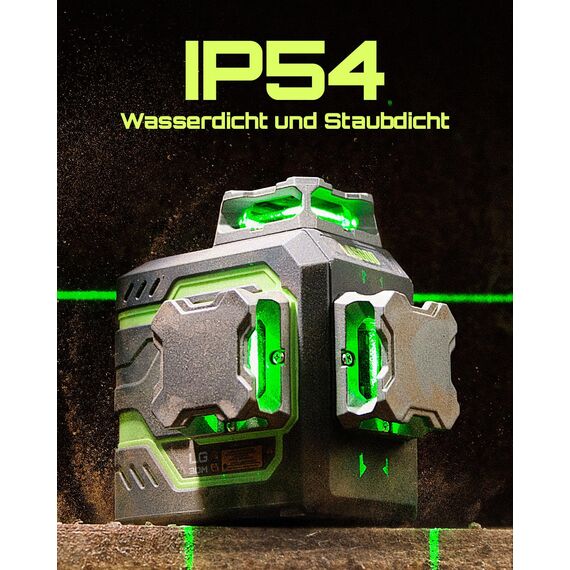 LasGoo LG-3DM Grüner Strahl-Laser-Nivelliergerät, selbstnivellierend, 3x360° Kreuzlinienlaser für Bau und Bildaufhängung, 5200mAh-Akku, Typ-C-Kabel, Magnetischer Drehständer inklusive