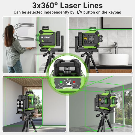 Huepar 360 Kreuzlinienlaser mit 12 Linien Selbst-Nivellierung-Kreuzlinienlaser Nivelliergerät mit 3D Grünen Strahlen 30M mit Pulsmodus Ausrichten Laser-Werkzeug, Lithium-Ionen-Akku 703CG