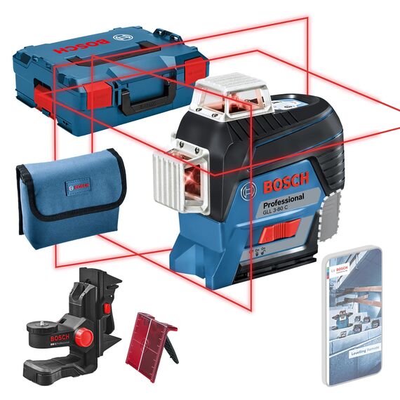 Bosch Professional 12V System Linienlaser GLL 3-80 C (Ohne Akku, Universalhalterung BM 1, m. App-Funktion, roter Laser, max. Arbeitsbereich: 30 m, Tasche, in L-BOXX)