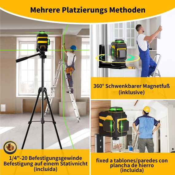 Kreuzlinienlaser mit Stativ,3 x 360°Laser Wasserwaage Selbstnivellierend,Linienlaser mit Teleskopstativ für Verlegung Bodenfliesen, Installation Trennwänden Kreuzlinienlaser Grün