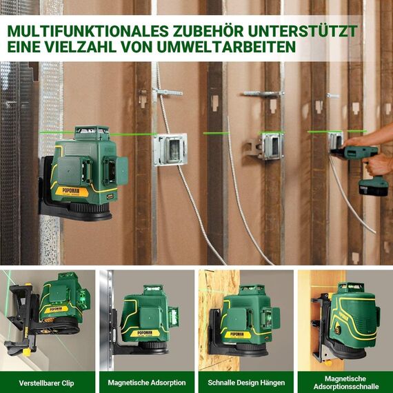 Kreuzlinienlaser, POPOMAN Laser Wasserwaage 3x360° 45m, Kreuzlinienlaser Grün Selbstnivellierend 360, 5200 mAh Batterie, Typ-C, Pulsfunktion, Magnetfuß, Hilfsrückenclip, Hartschalenkoffer