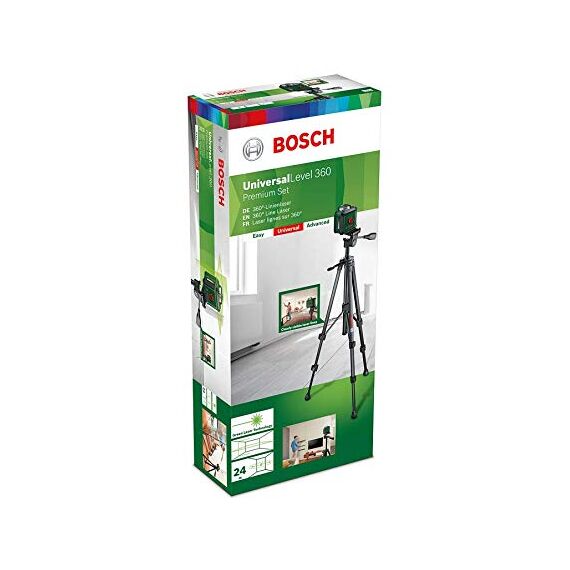 Bosch Kreuzlinienlaser UniversalLevel 360 mit Premium-Stativ und Universalklemme MM 3 (vertikale + horizintale Laserlinien inkl. 360° zum Ausrichten im ganzen Raum)