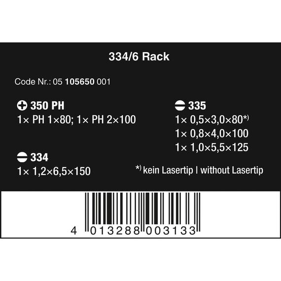 Wera 334/6 Rack Schraubendrehersatz Kraftform Plus Lasertip + Rack, 6-teilig, 05105650001