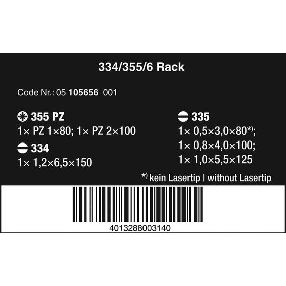 Wera 334/355/6 Rack Schraubendrehersatz Kraftform Plus Lasertip + Rack, 6-teilig, 05105656001