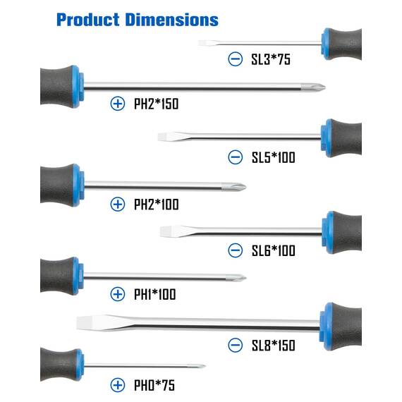 8-teiliges magnetisches Schraubendreher-Set mit Nichromspitze, 4 Kreuzschlitz und 4 Schlitzspitzen, professionelles Schraubendreher-Set mit hohem Drehmoment (8pc_silver tip_gloss)