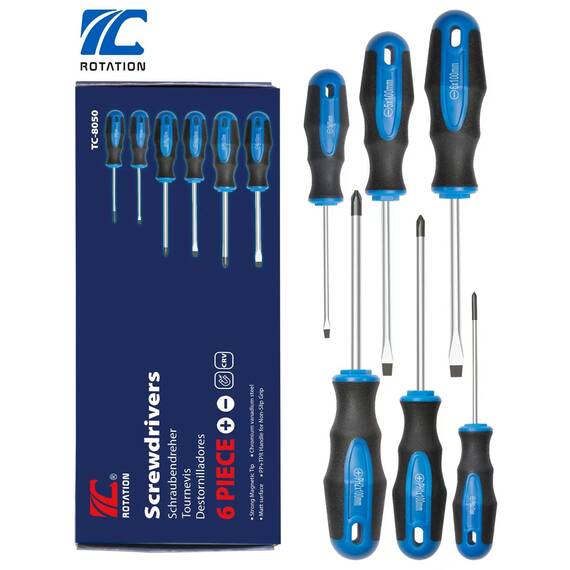 ROTATION 6-teilig Schraubendreher-Satz mit magnetischer Spitze, 3 Kreuzschlitzschraubendreher und 3 Flachschraubendreher, professioneller Kissengriff | 6-teiliges Handwerkzeug-Set